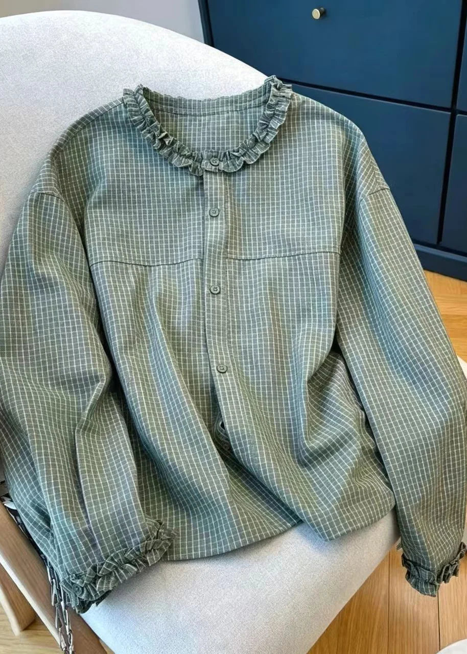 Chemise Femme Vintage à Carreaux avec Col Rond et Volants 4
