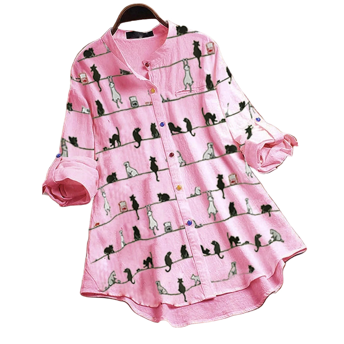 Chemisier Femme Chic à Motif Chat avec Col Classique 0