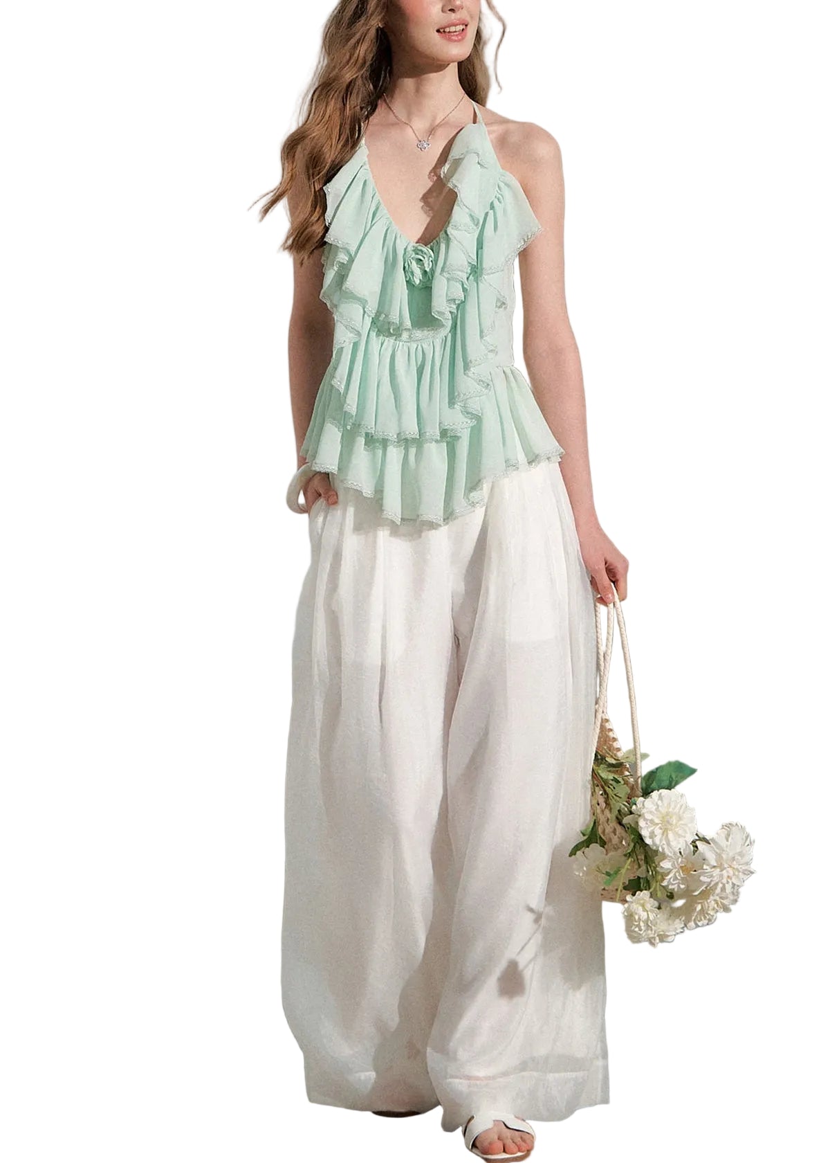 Ensemble Femme Haut Volants et Pantalon Large Style Estival 0