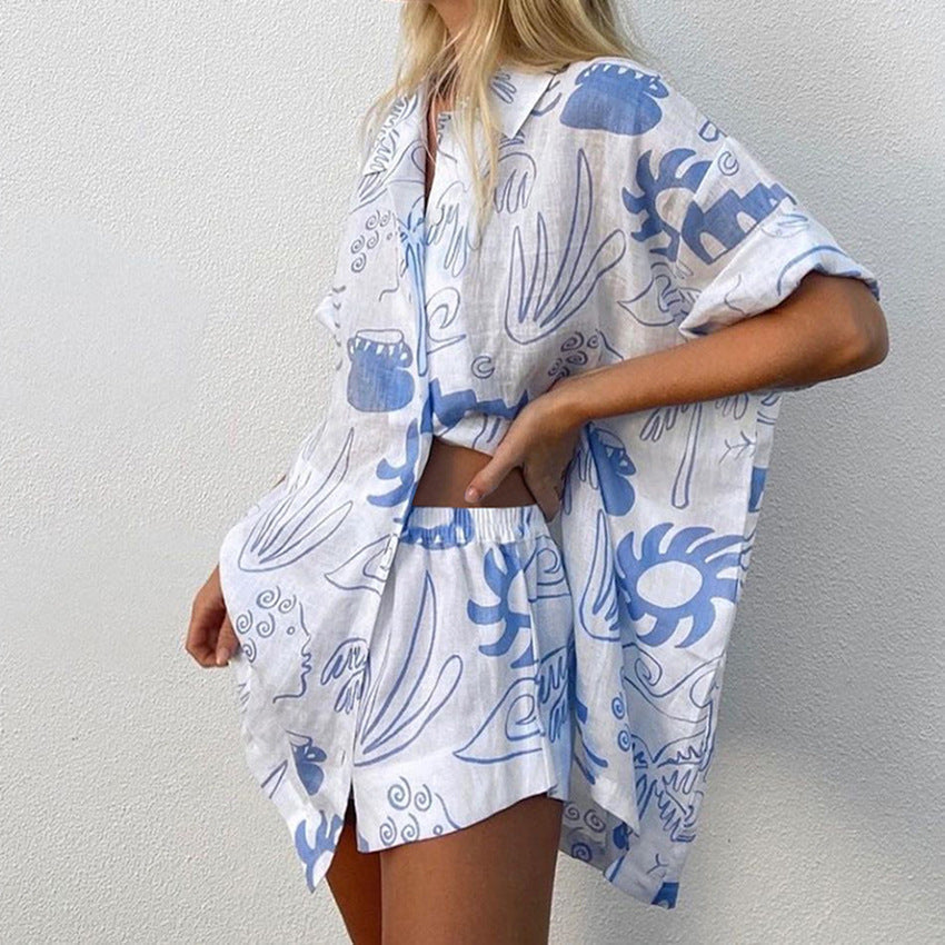 Ensemble de Plage Femme Coton Imprimé Abstrait Chemise à Boutons et Short Décontracté 1