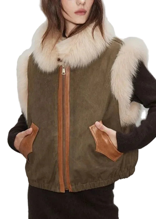 Gilet sans manches pour femme avec poches et col en fausse fourrure 0