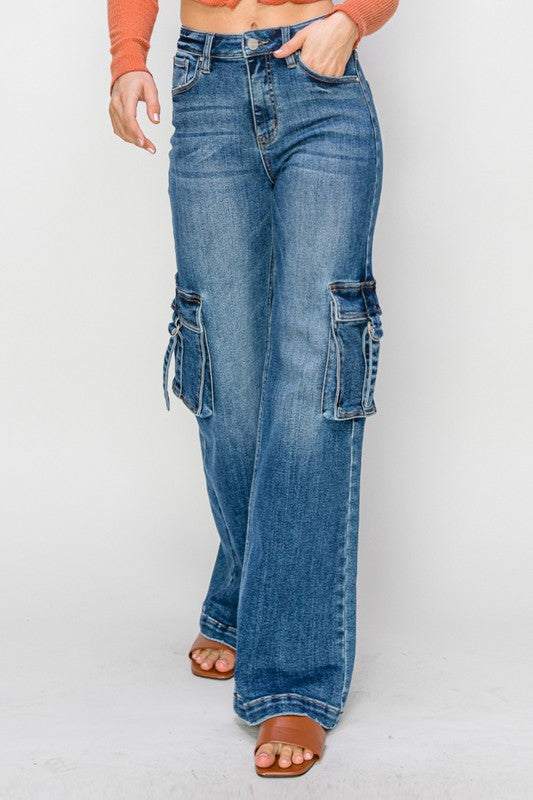 Jeans larges à taille haute avec poches cargo pour femmes en denim 1