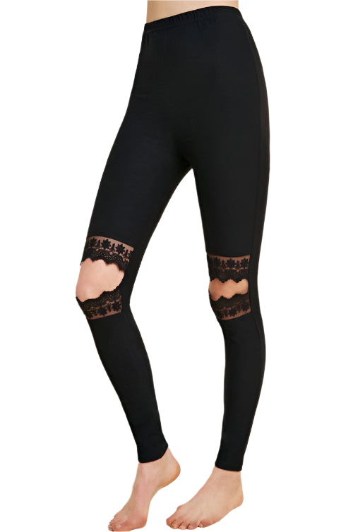 Leggings Femme Découpés en Dentelle Confortables en Mélange de Tissus 0