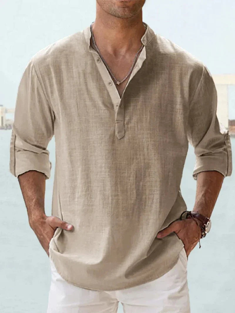 Variant image for Chemise Homme Bleu Col Mao Lin Coton Chic Confortable-17