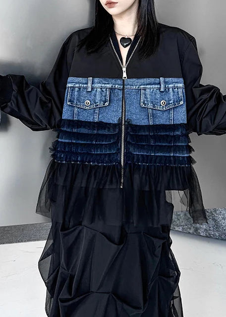 Manteau oversize en denim patchwork pour femme style français automnal 0