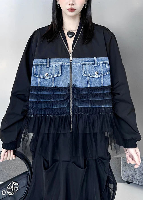 Manteau oversize en denim patchwork pour femme style français automnal 1
