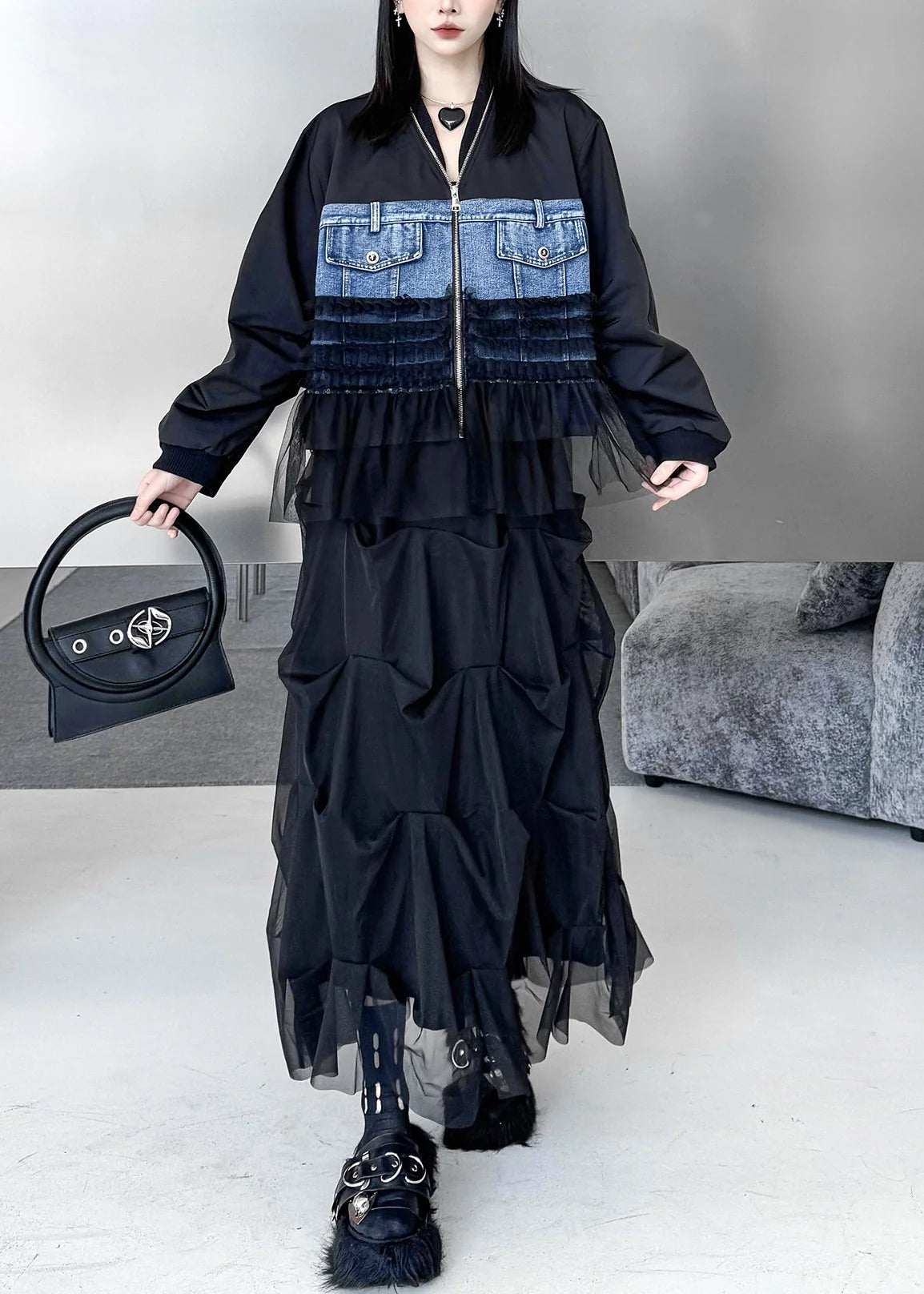 Manteau oversize en denim patchwork pour femme style français automnal 2