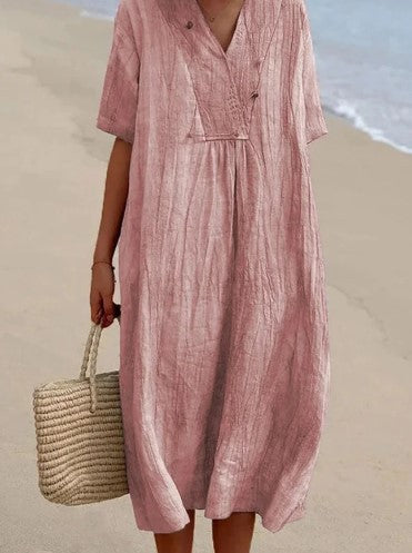 Robe d'Été Femme Beige Chic Décolleté en V Coton Respirant-5