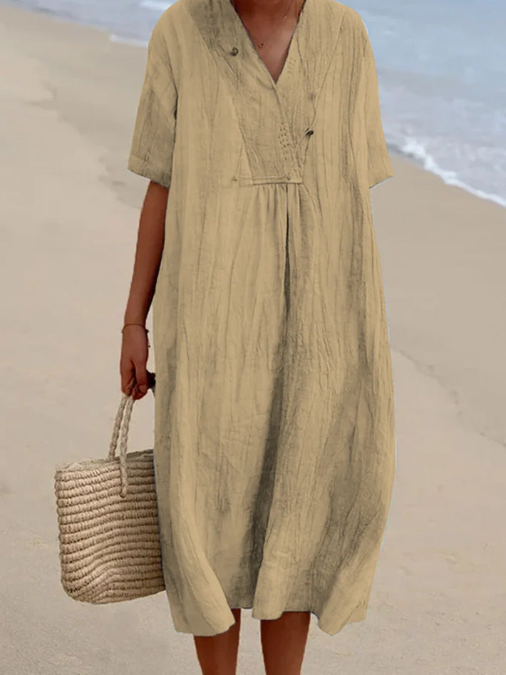Robe d'Été Femme Beige Chic Décolleté en V Coton Respirant-4