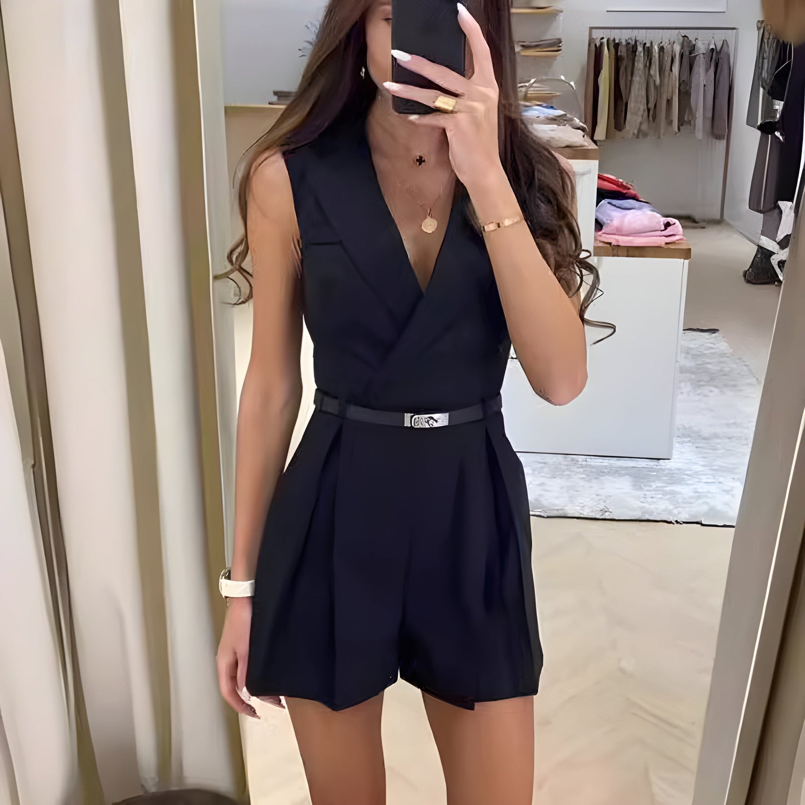 Combinaison Femme Chic Sans Manches Col en V Tissu de Première Qualité-3