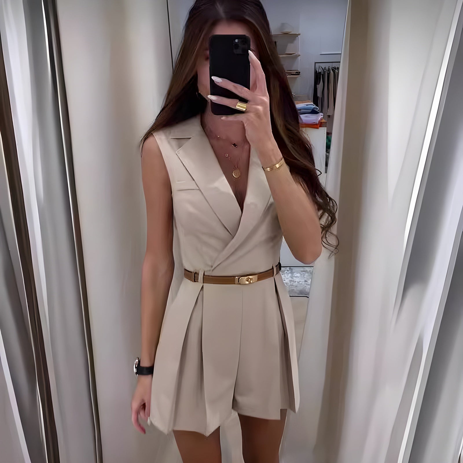 Combinaison Femme Chic Sans Manches Col en V Tissu de Première Qualité-4