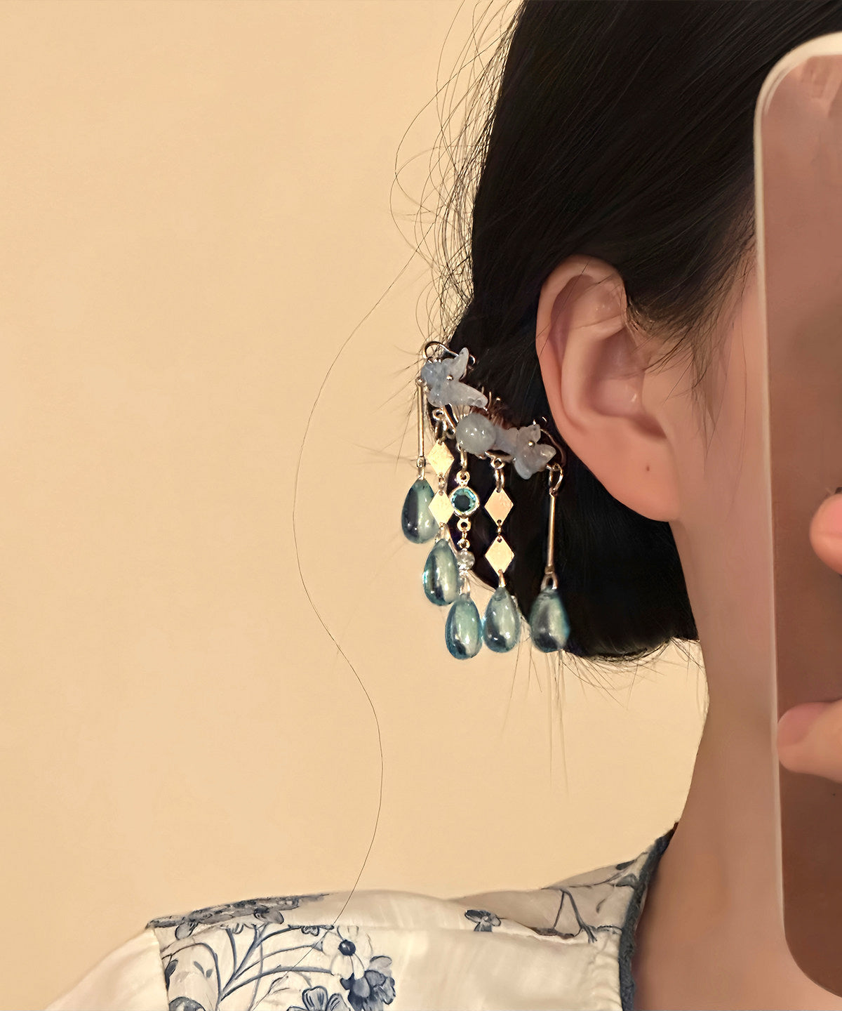 Paire d'épingles à cheveux papillon avec pompon bleu cuivre 1