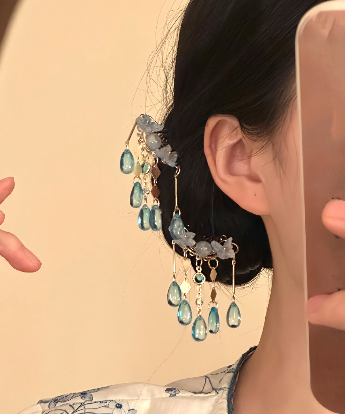 Paire d'épingles à cheveux papillon avec pompon bleu cuivre 3