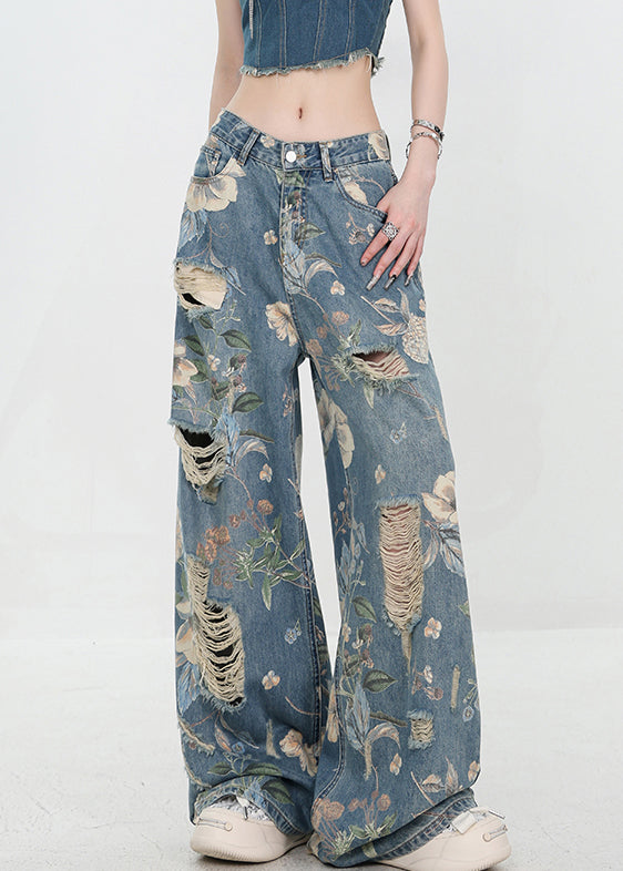 Pantalon Femme Denim Taille Haute Imprimé Unique Détail Déchiré 1