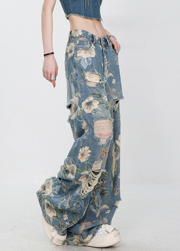 Pantalon Femme Denim Taille Haute Imprimé Unique Détail Déchiré 3
