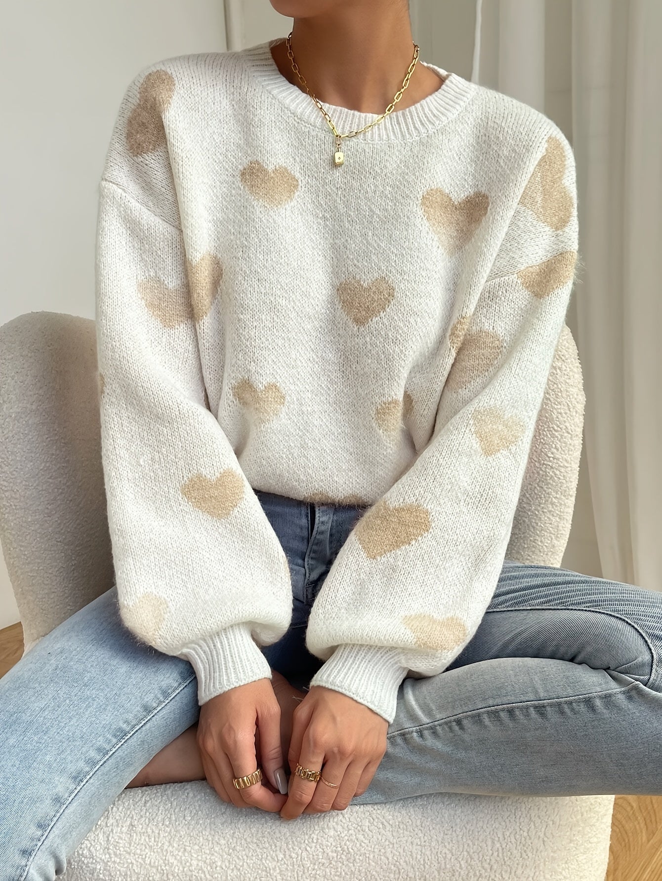 Pull Femme Décontracté à Motif Cœur Ample 0