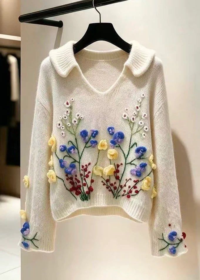 Pull Femme Maille Brodé Motifs Floraux Automne 0