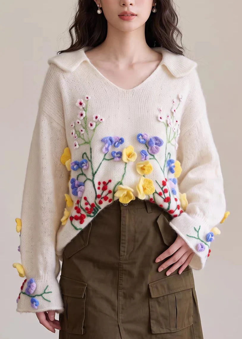 Pull Femme Maille Brodé Motifs Floraux Automne 4