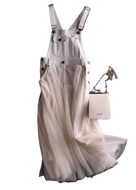 Robe D'été à Bretelles en Denim avec Panneaux en Tulle pour Femmes 0