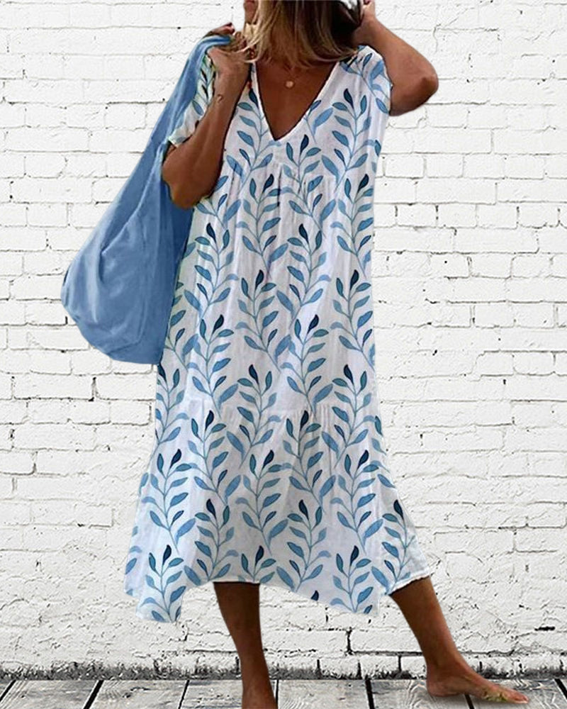 Robe Femme à V-Ausschnitt Imprimé Feuilles 1