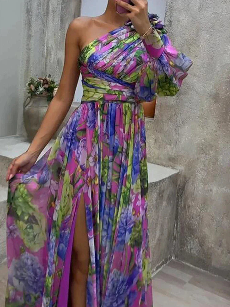 Robe Longue Femme Imprimé Capucine avec Fente Latérale 1