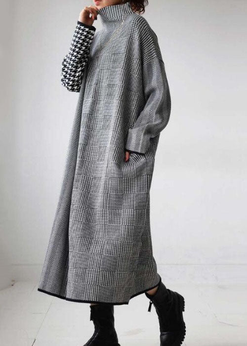 Robe Longue Tricotée à Col Montant à Carreaux pour Femme 2
