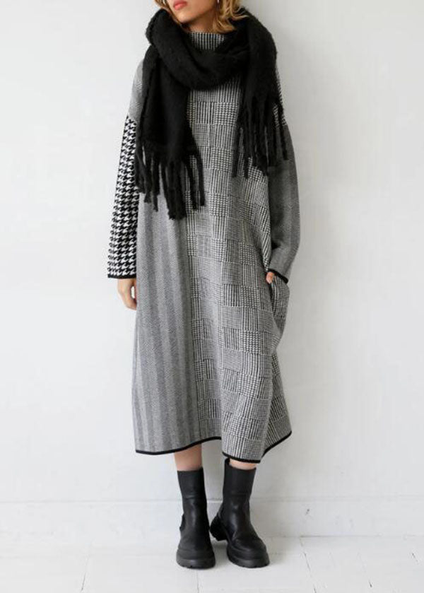 Robe Longue Tricotée à Col Montant à Carreaux pour Femme 3