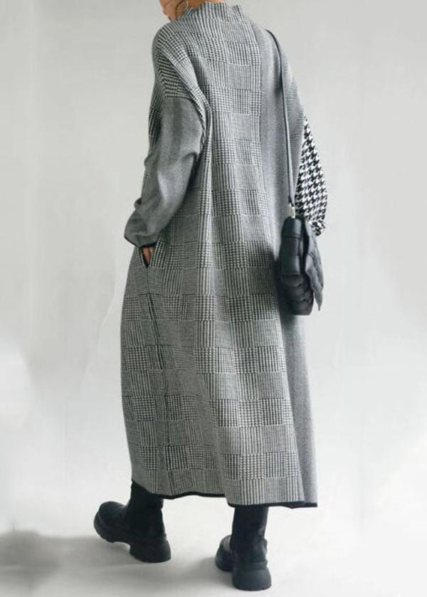 Robe Longue Tricotée à Col Montant à Carreaux pour Femme 4