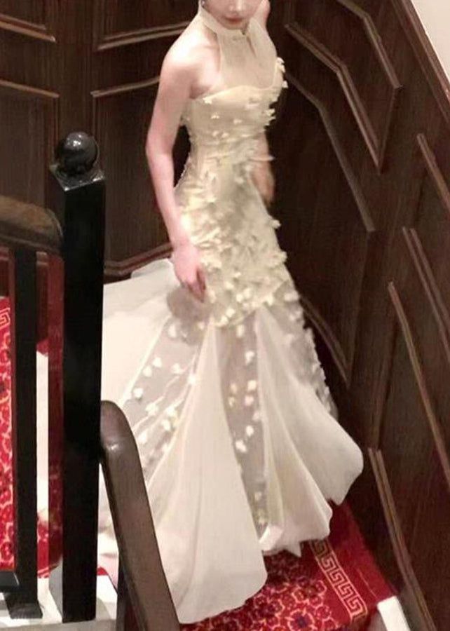 Robe Maxi Col Montant Abricot Style Chinois 2