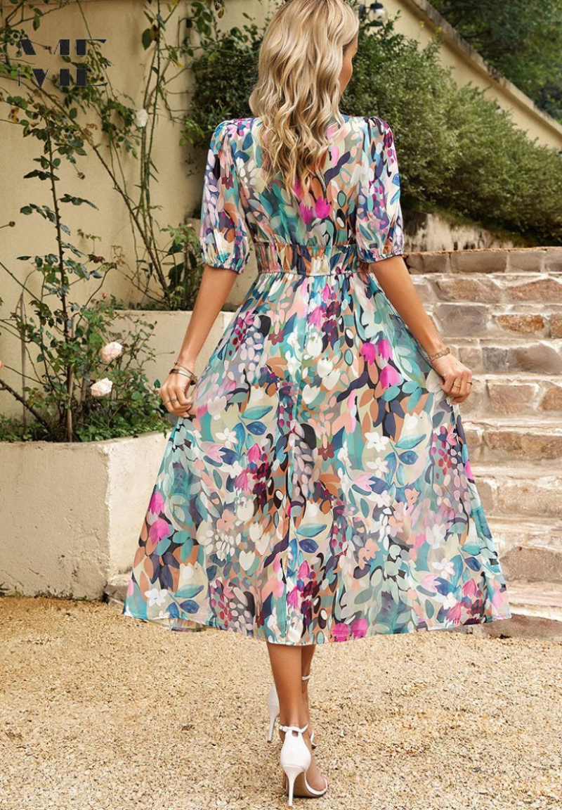 Robe Midi Fleurie à Manches Bouffantes pour Femmes 2
