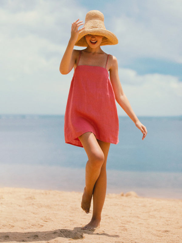 Robe Mini Décontractée à Bretelles Spaghetti en Coton et Lin pour Femmes 1