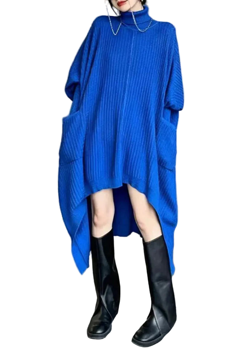 Robe Pull Femme Asymétrique Col Roulé Manches Chauve-Souris 0