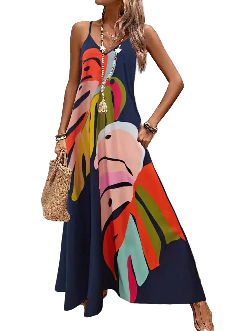 Robe longue d'été pour femmes à col en V et bretelles fines 0