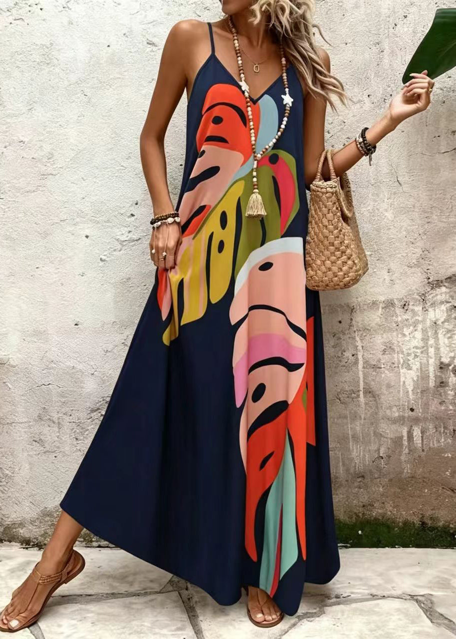 Robe longue d'été pour femmes à col en V et bretelles fines 1