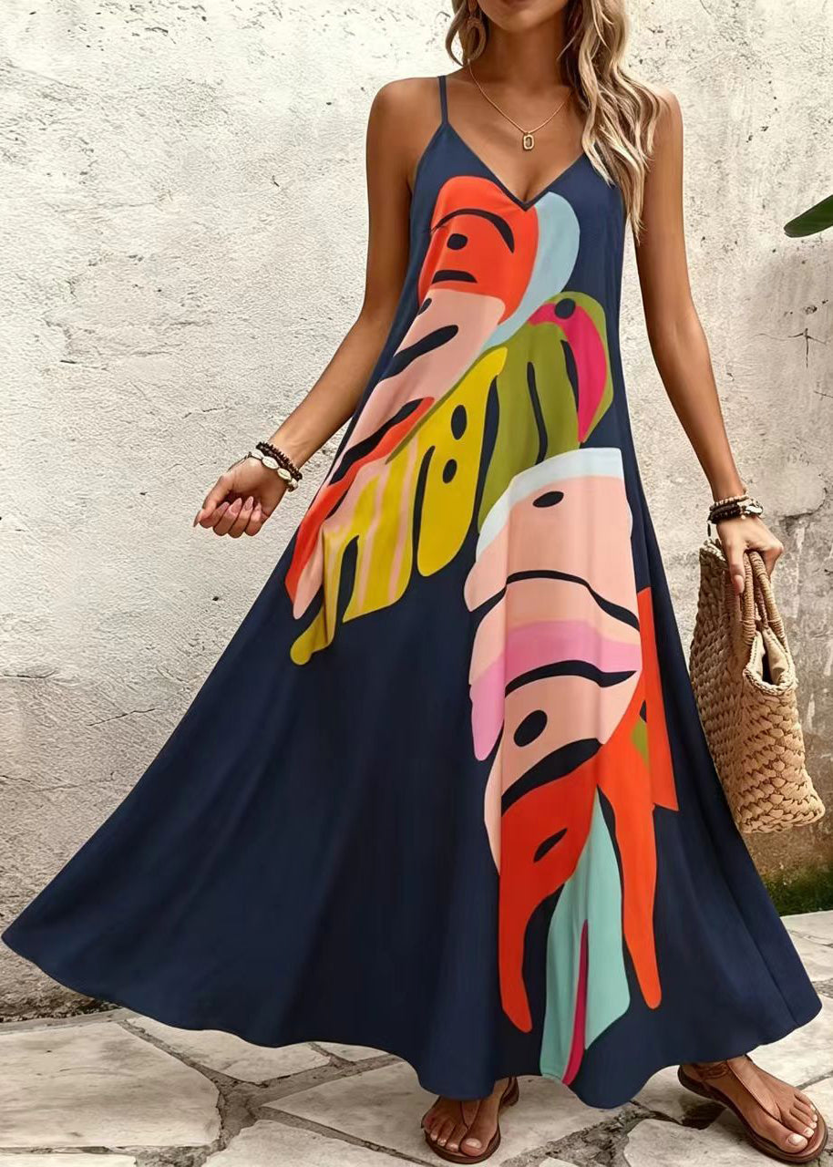 Robe longue d'été pour femmes à col en V et bretelles fines 2