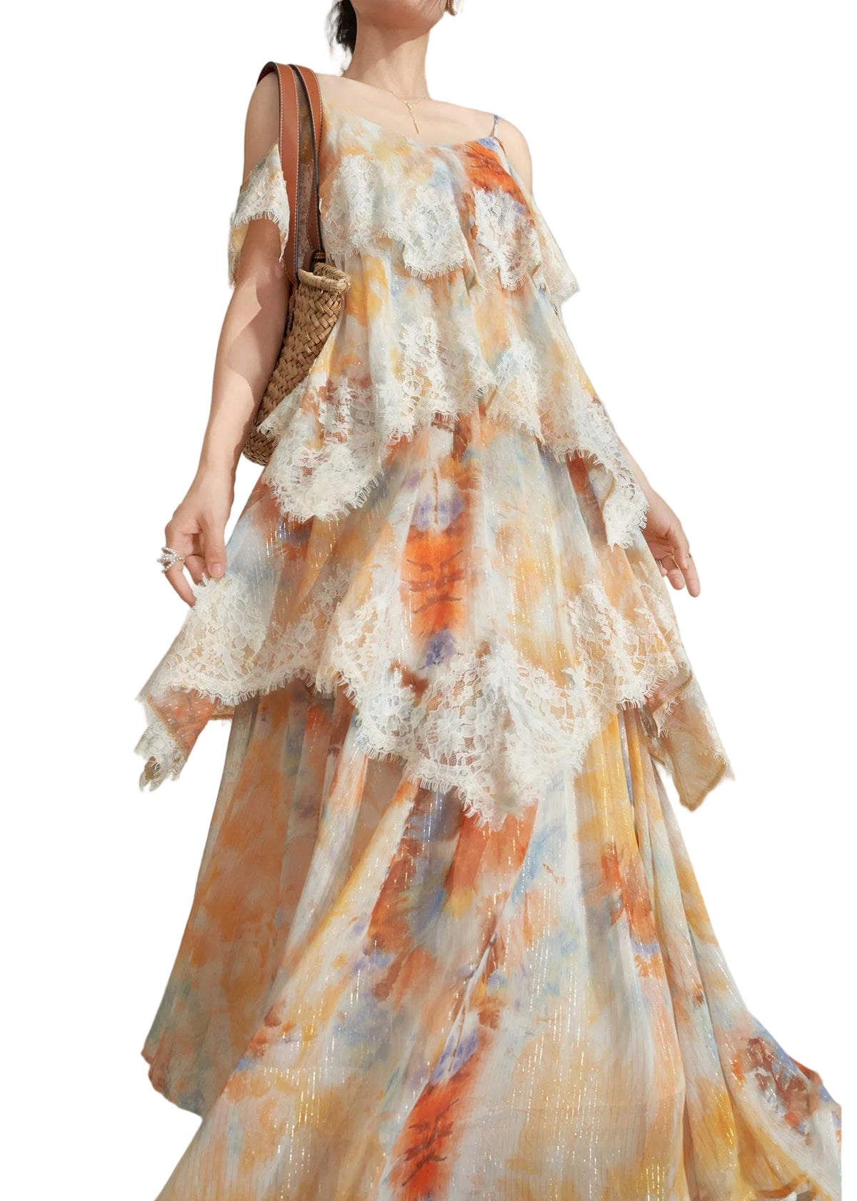 Robe longue femme à bretelles spaghetti col en V imprimé estival 0