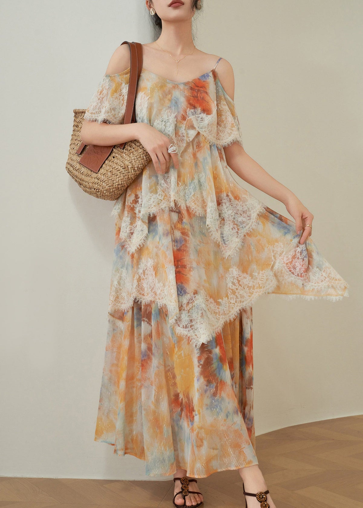 Robe longue femme à bretelles spaghetti col en V imprimé estival 1