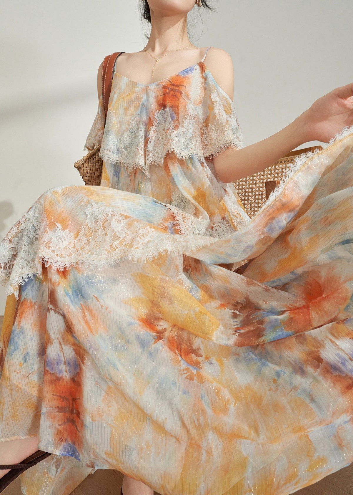 Robe longue femme à bretelles spaghetti col en V imprimé estival 2