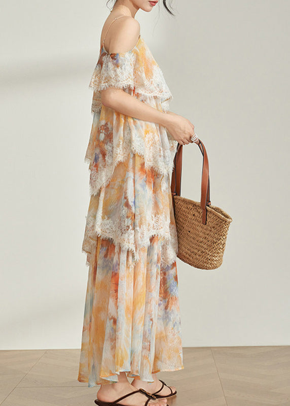 Robe longue femme à bretelles spaghetti col en V imprimé estival 3