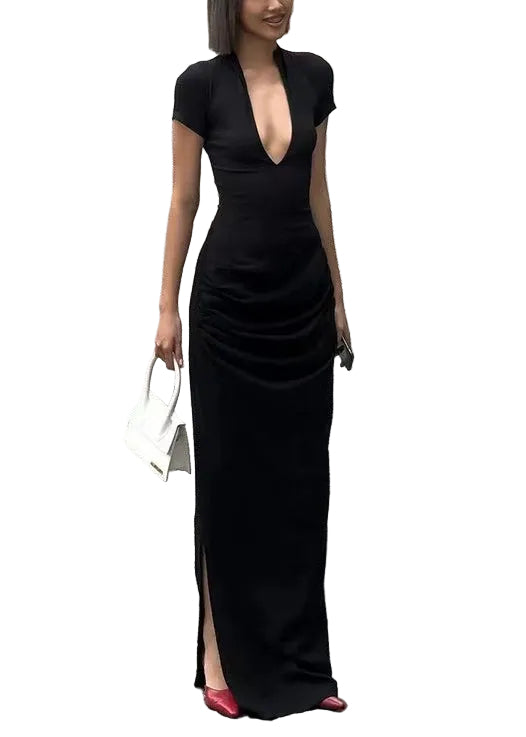 Robe longue femme col en V manches courtes ouverte sur le côté 0