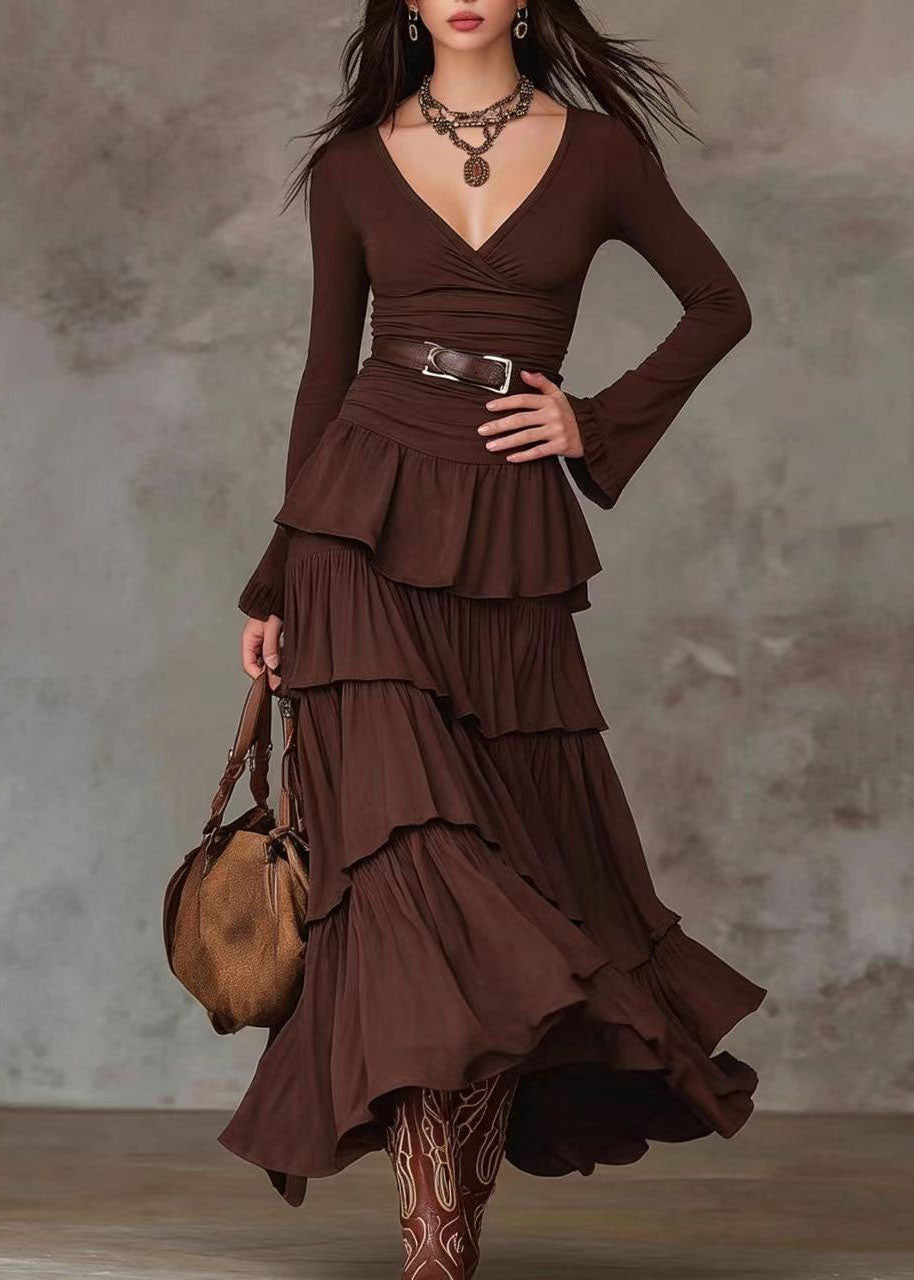 Robe longue superposée à col en V manches longues pour femme 2