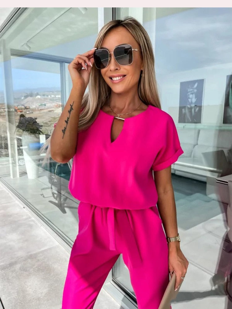 Combinaison Femme Chic Manches Courtes Décolleté en V 100% Polyester-3
