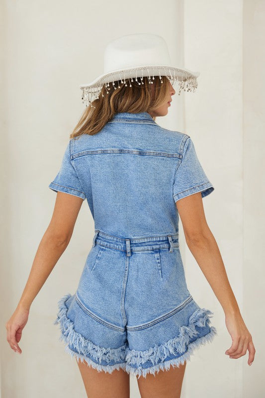 Salopette en Jean à Boutons avec Ourlet Effiloché pour Femme 3