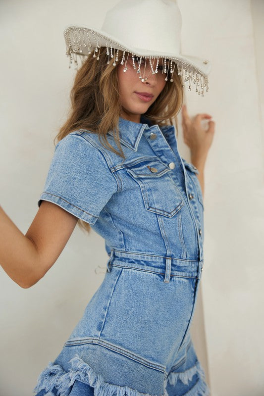 Salopette en Jean à Boutons avec Ourlet Effiloché pour Femme 5