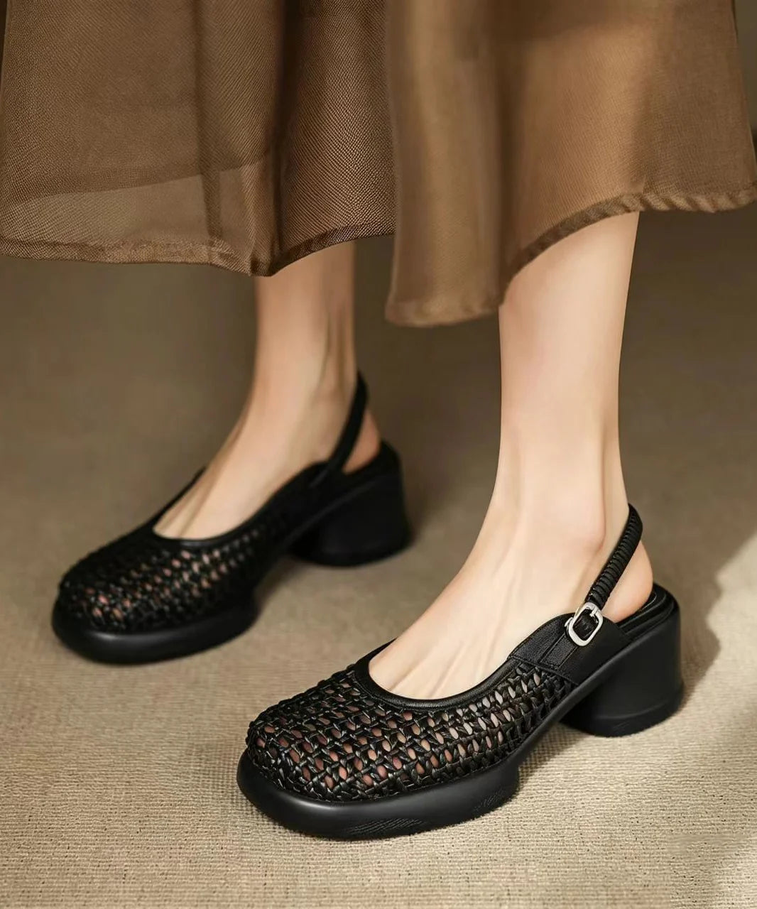 Sandales Femme Talons Épais Tressées avec Boucle 1