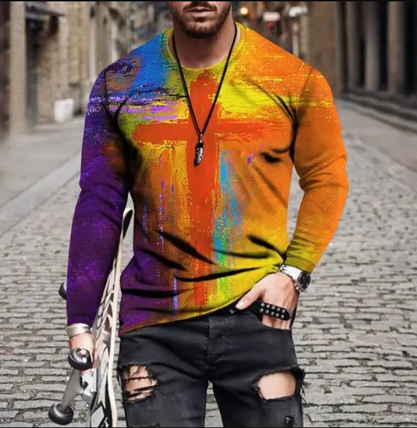 Variant image for Pull Homme Décontracté à Rayures Arc-en-Ciel 100% Coton-1