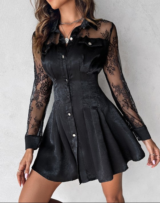 Robe Longue Femme Élégante Manche Longue en Polyester avec Dentelle Contrastée-4