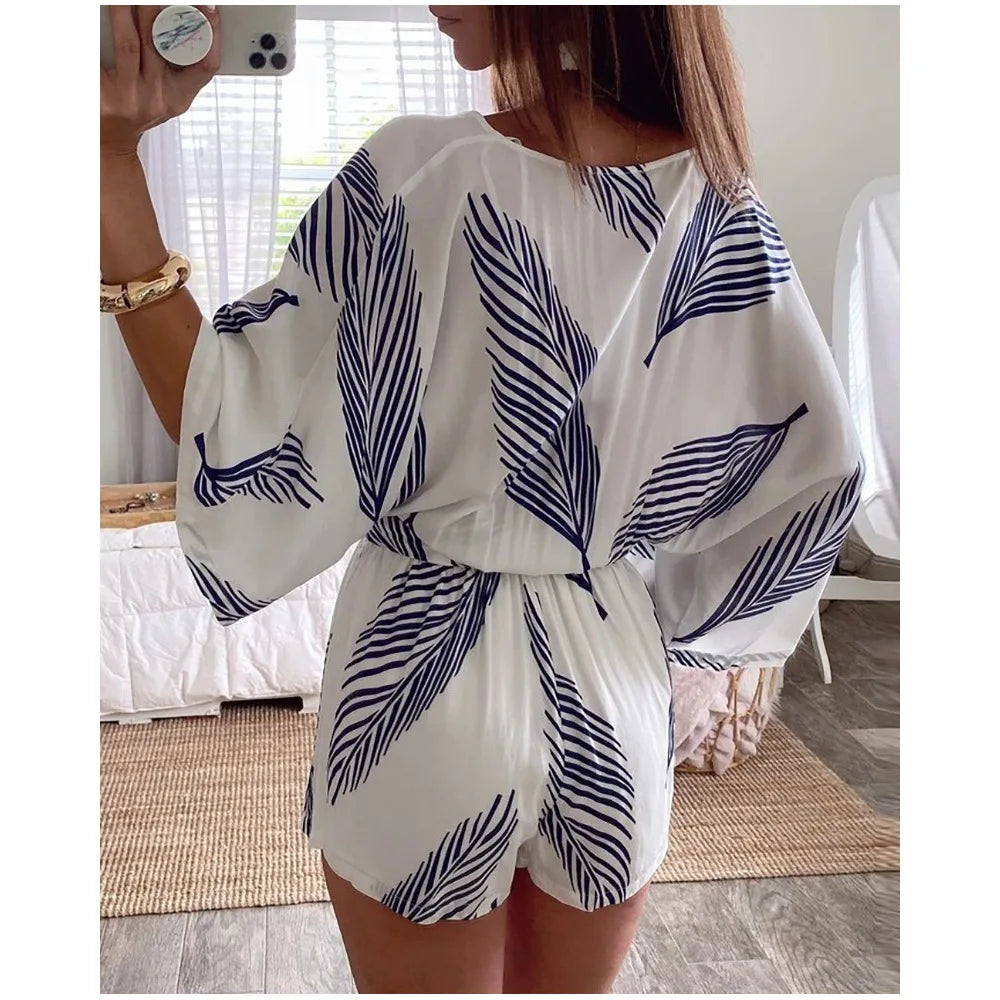 Combinaison Femme Chic Col en V Manches Longues Tissu Léger 2