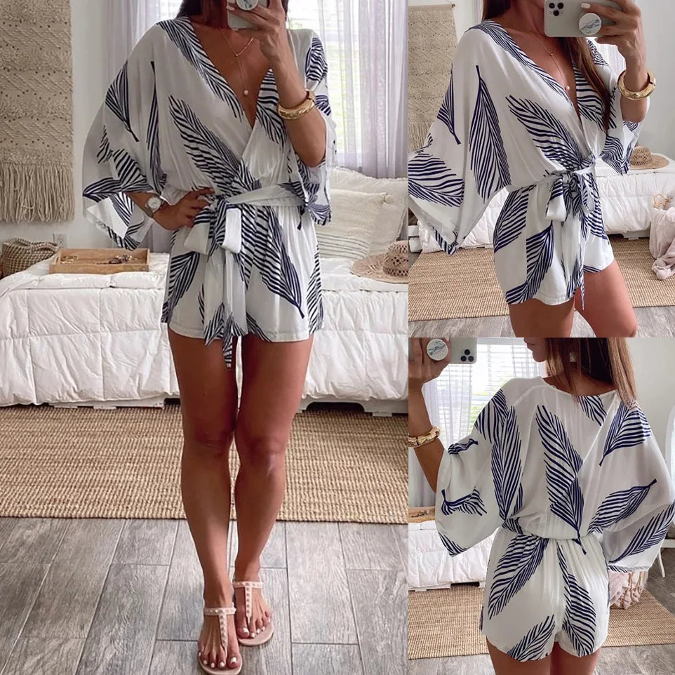 Combinaison Femme Chic Col en V Manches Longues Tissu Léger 3