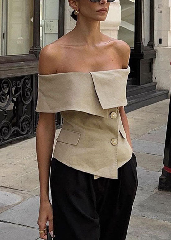 Top Femme Col Slash Épaule Dénudée Boutonné Style Estival 1